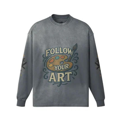 Artflow graphic crewneck sweatshirt front view in washed grey with Follow Your Art print