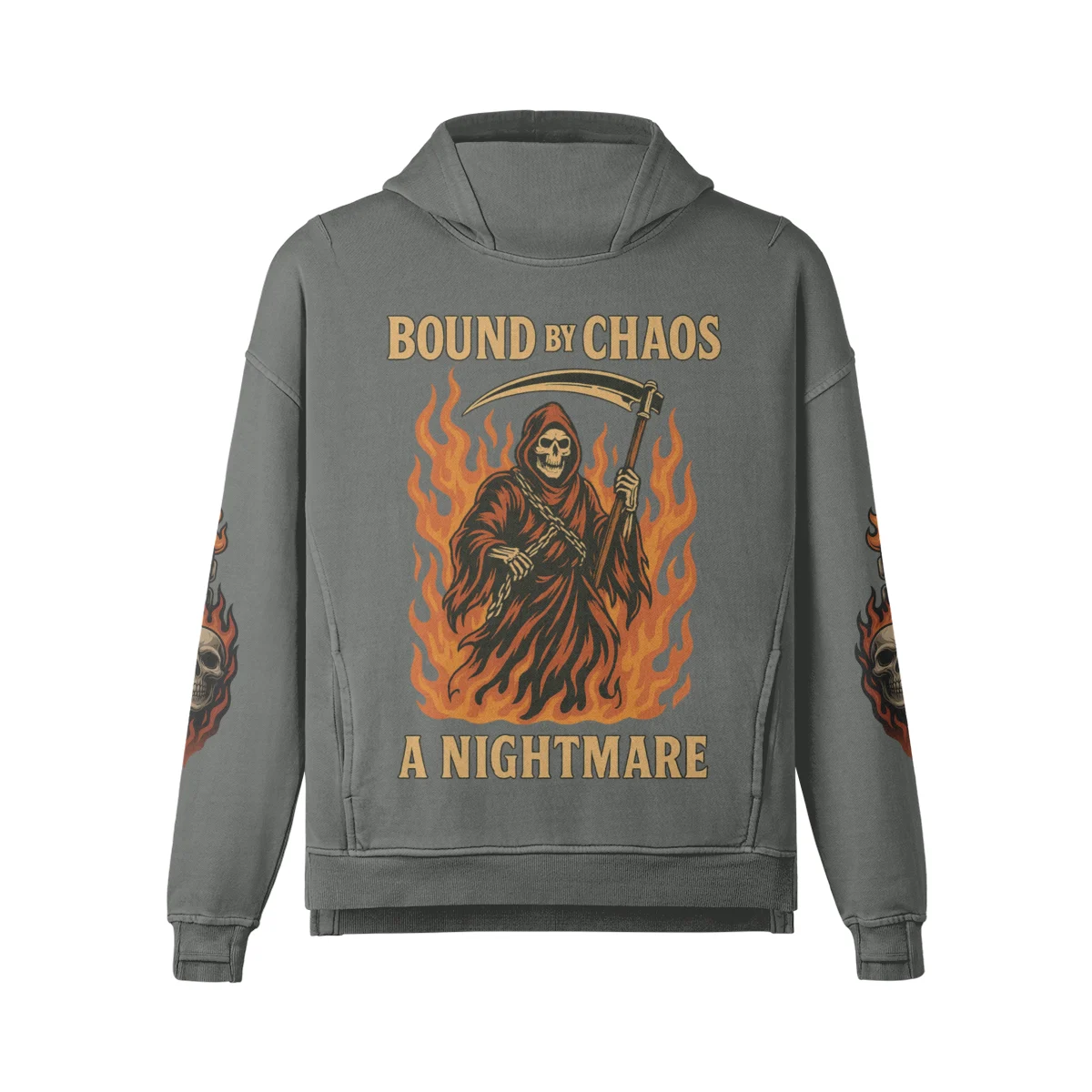 HELLCHAIN oversized graphic hoodie front view in washed grey with grim reaper DTG print