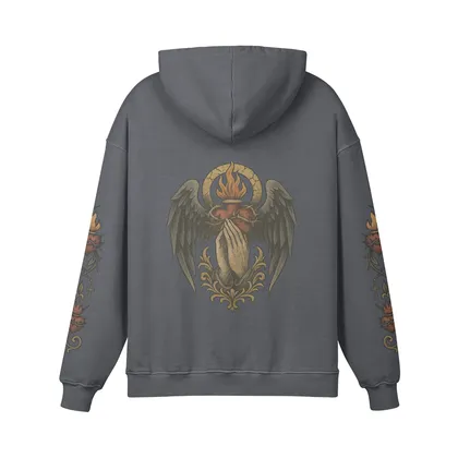 mercy oversized graphic hoodie back view with angel wings and praying hands artwork