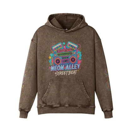 Retro Beat oversized graphic hoodie front view in washed brown with neon boombox DTG print