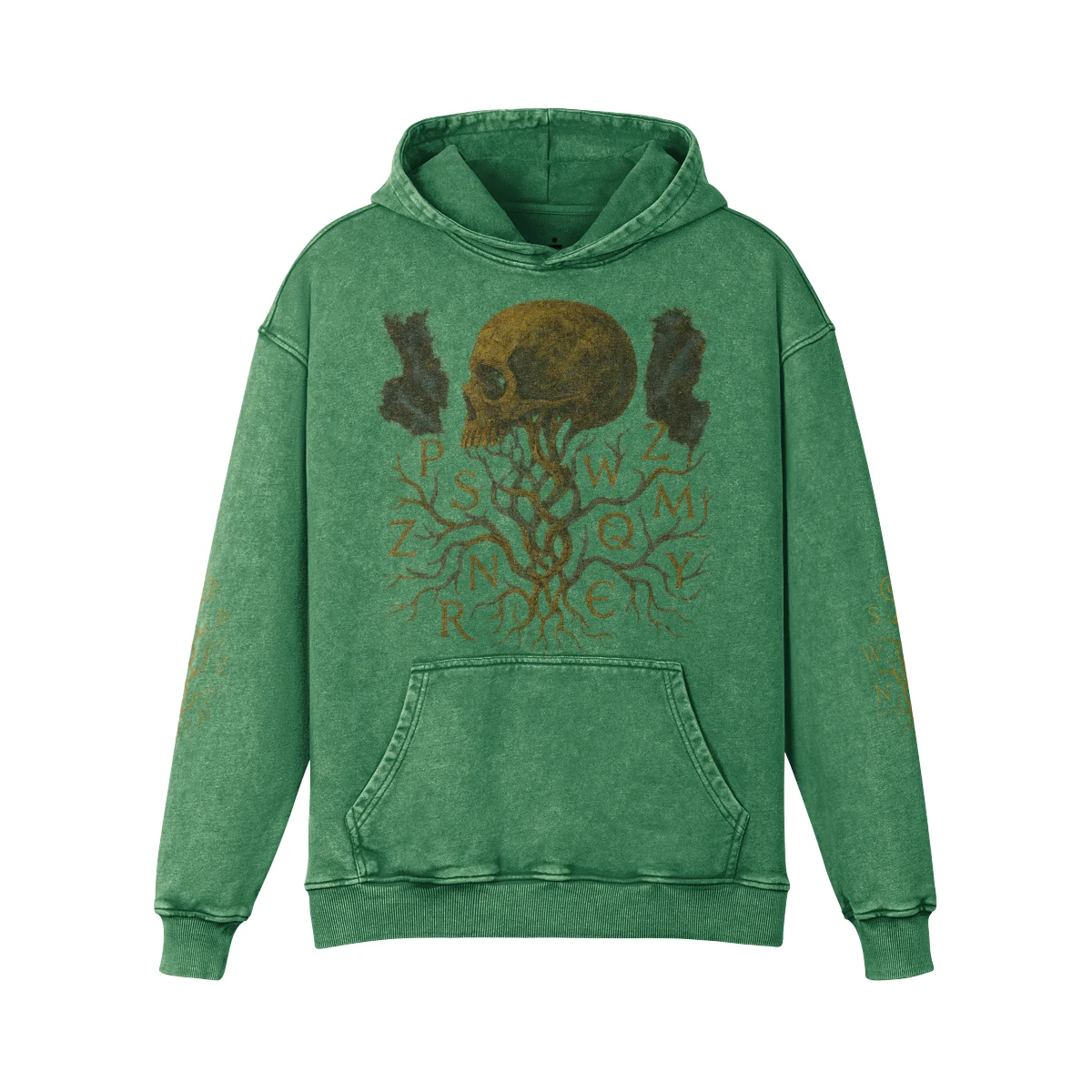 Rooted Spiral oversized graphic hoodie front view in washed green with skull tree DTG print