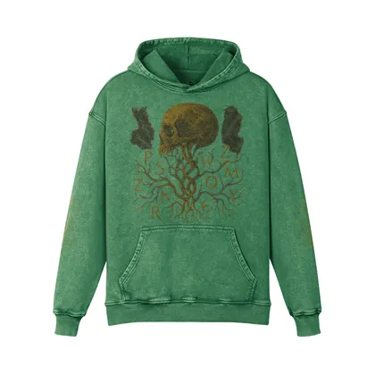 Rooted Spiral oversized graphic hoodie front view in washed green with skull tree DTG print