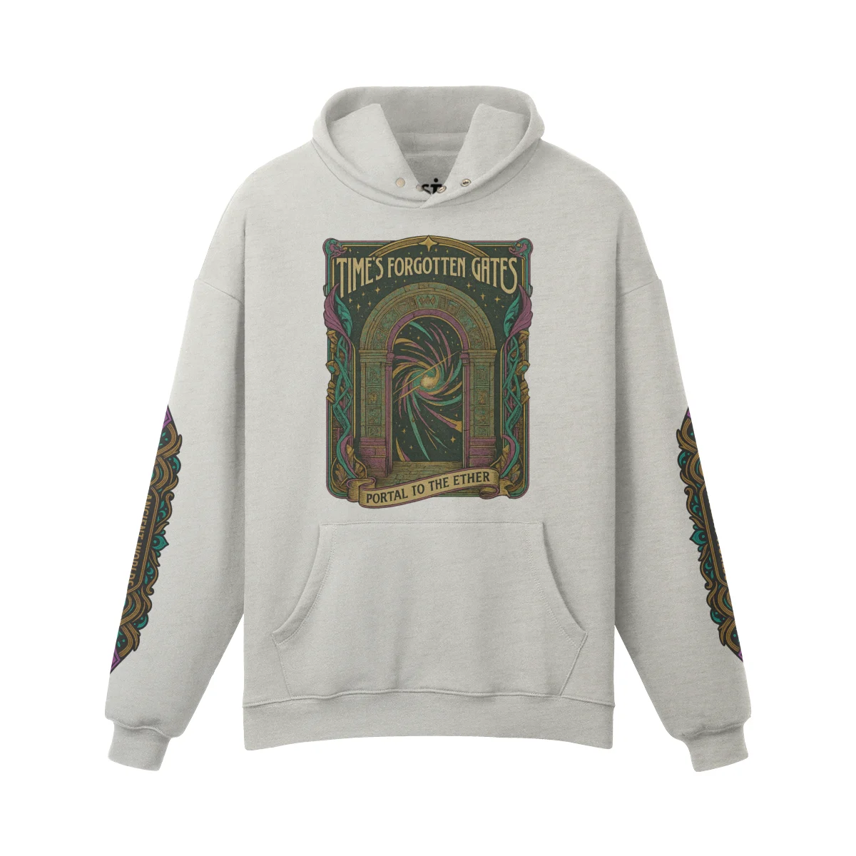 VineSigil oversized graphic hoodie front view in gray with fantasy portal DTG print