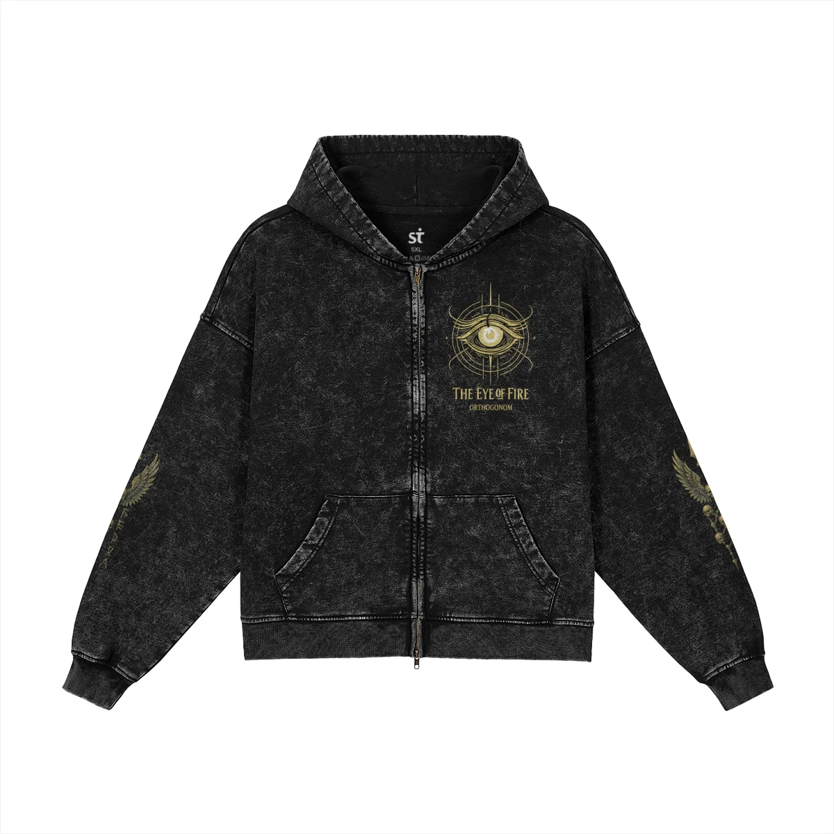 Winged Spear Washed Black Zip Hoodie
